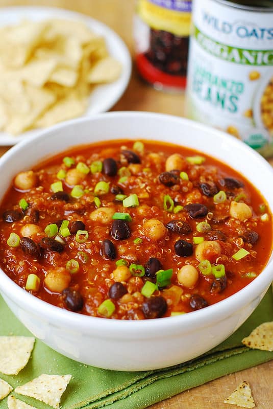 Meatless Pumpkin Quinoa Chili with Black Beans and Chickpeas - in a bowl.
