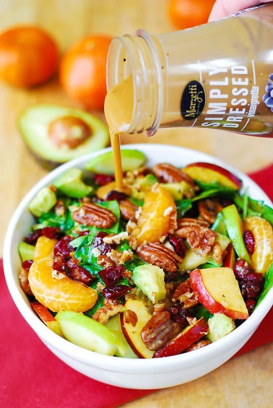 Apple Cranberry Spinach Salad with Pecans, Avocados (and Balsamic Vinaigrette Dressing)