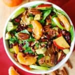 Apple Cranberry Spinach Salad with Pecans, Avocados, and Balsamic Vinaigrette Dressing in a white bowl