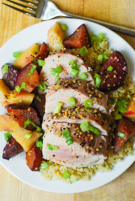 Oven roasted pork tenderloin with apples and plums