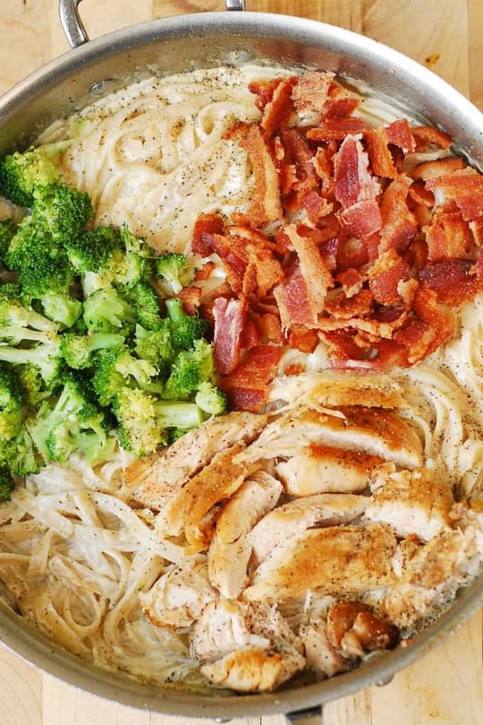 chicken broccoli pasta with bacon in a skillet