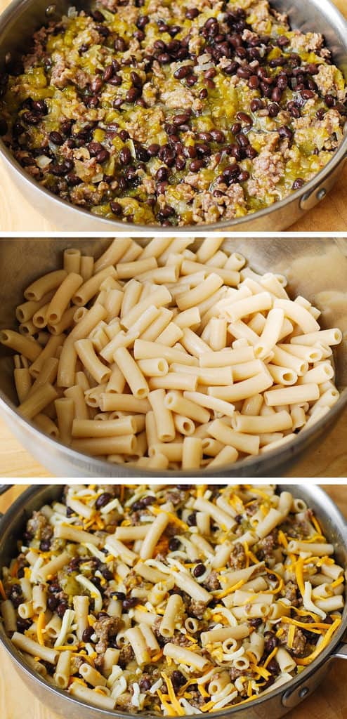 step-by-step photos for how to make salsa verde pasta with black beans and sausage
