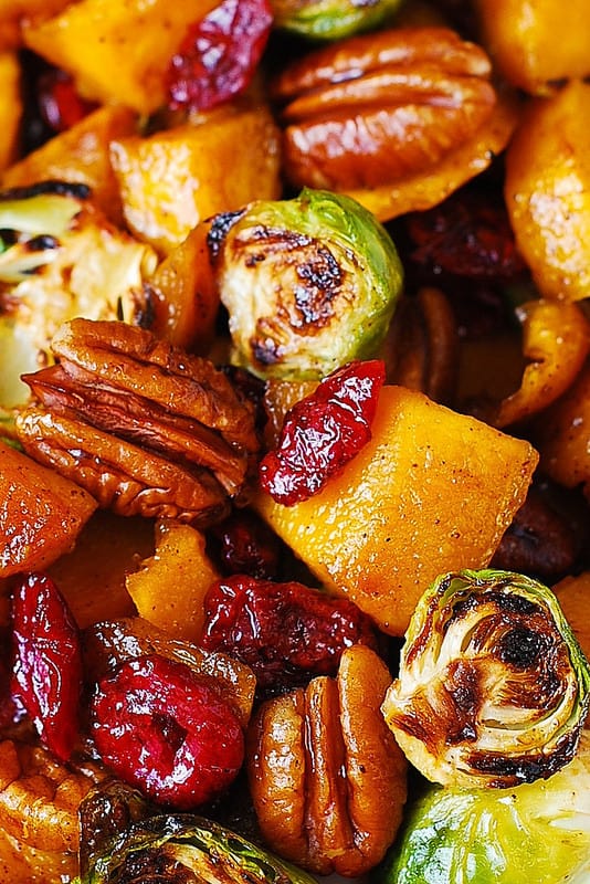 Roasted Brussels Sprouts, Cinnamon Butternut Squash, Pecans, and Cranberries (close-up)