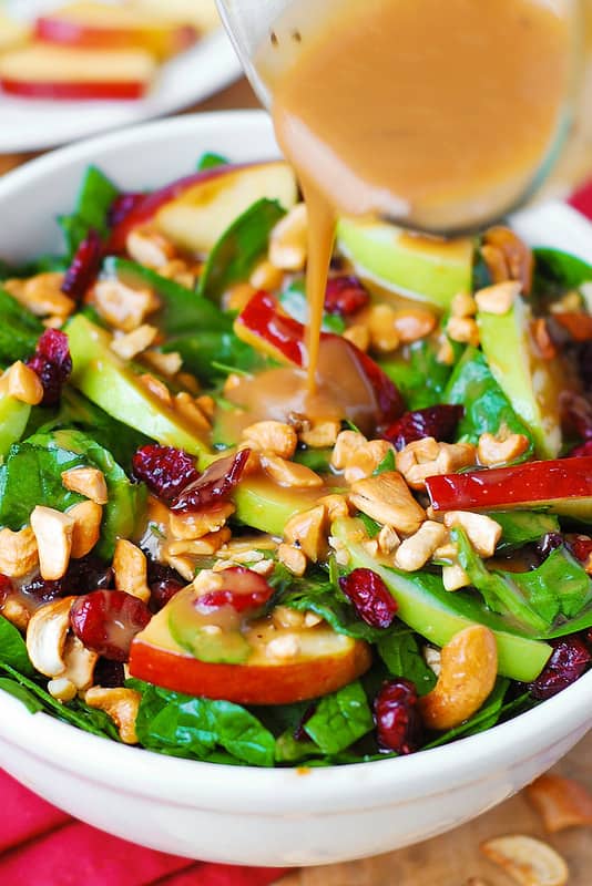 Apple Cranberry Spinach Salad with Cashews and Balsamic Vinaigrette