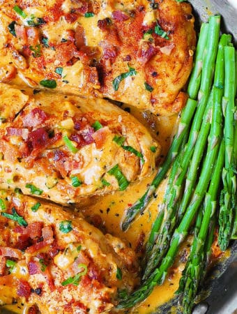 Chicken Breasts and Bacon with Sun-Dried Tomato Cream Sauce - in a stainless steel skillet.