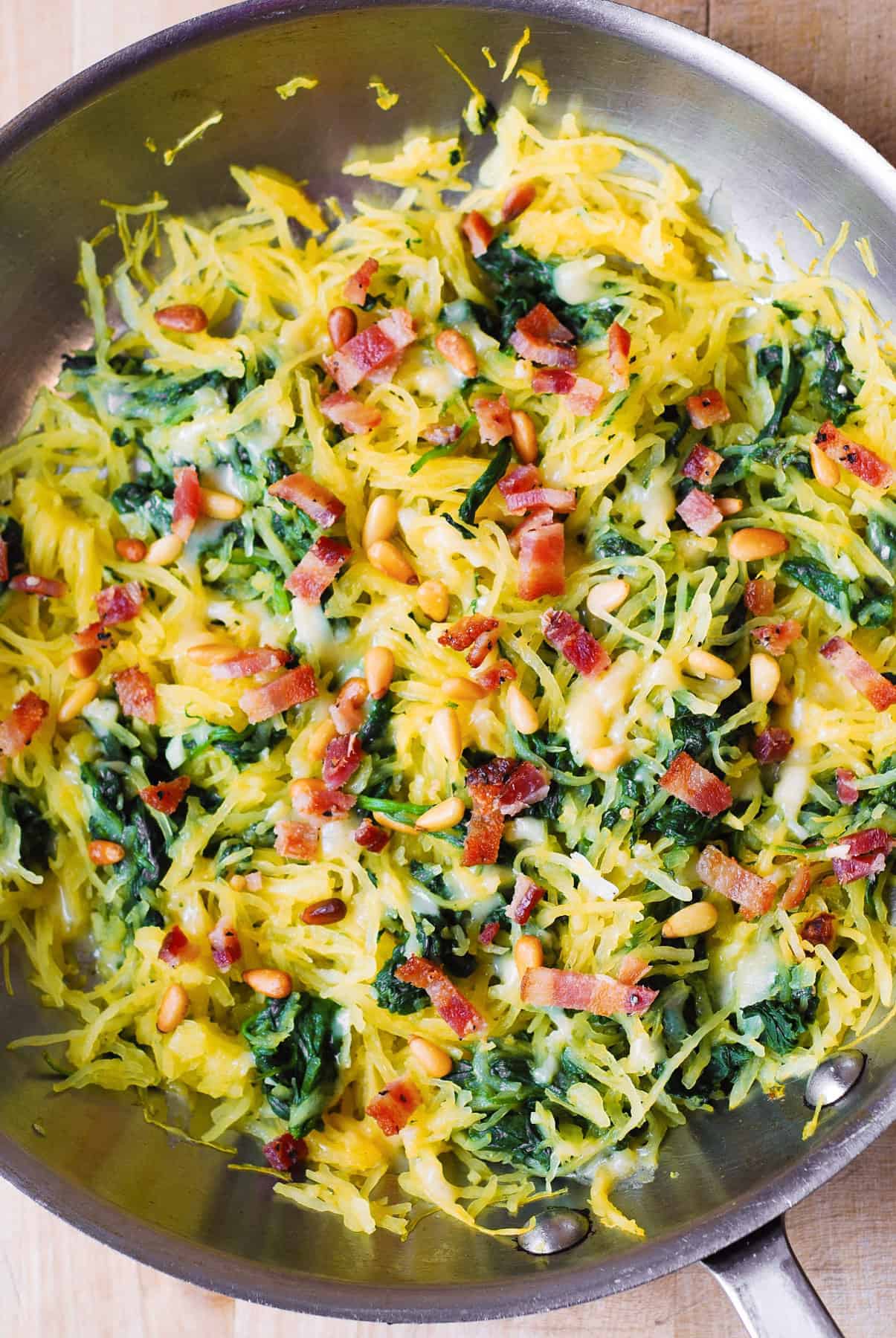 Parmesan Spaghetti Squash, Spinach, and Bacon with Pine Nuts