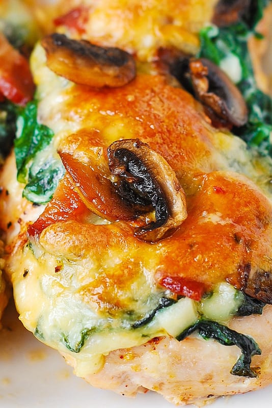 Smothered Chicken with Creamed Spinach, Bacon, Mushroom (close-up)