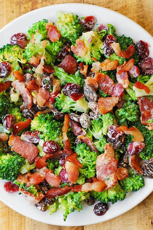 Broccoli Salad with Pecans, Cranberries, Raisins, and Bacon