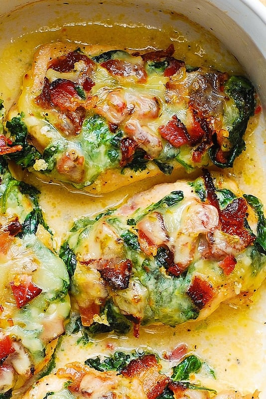 close-up of Sun-Dried Tomato, Spinach, and Bacon Chicken Bake