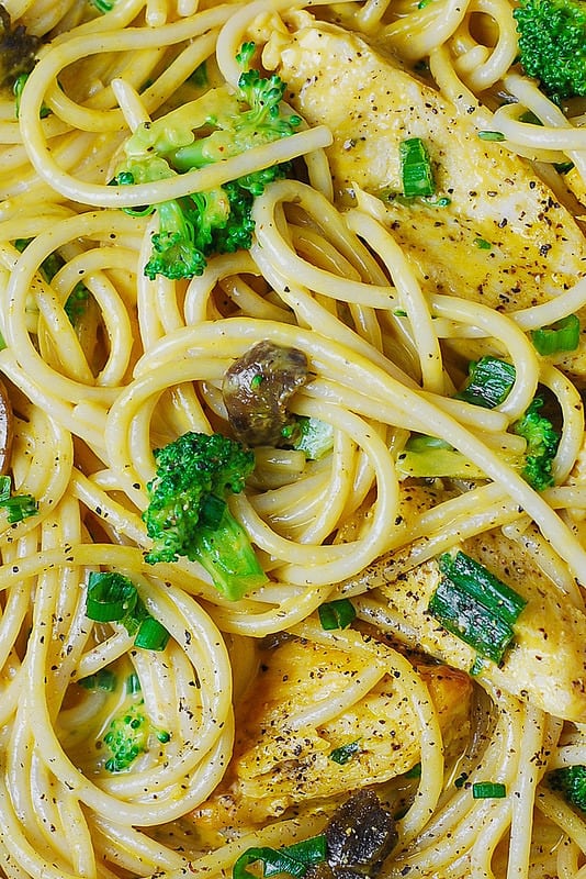 Creamy chicken and broccoli pasta with golden mushroom sauce