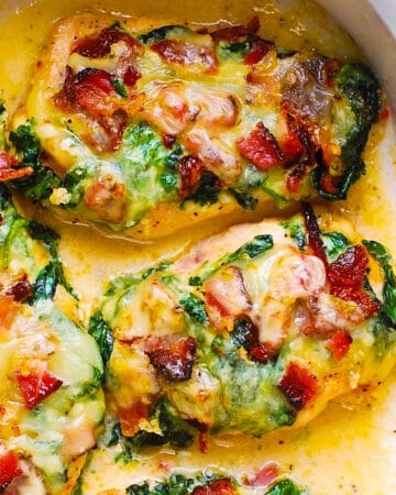 chicken bake with spinach, bacon, sun-dried tomatoes.