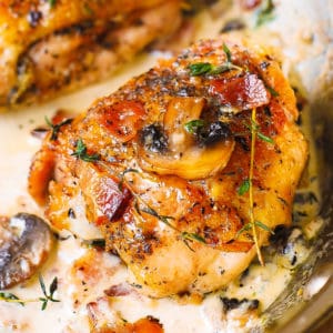 creamy chicken thighs with mushrooms and bacon