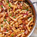 spicy chicken pasta with bacon and peas