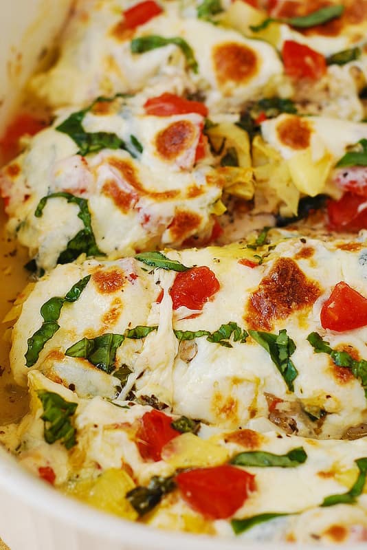 smothered chicken with artichokes, tomatoes, basil, and Mozzarella cheese, gluten free dinner, Mediterranean chicken recipes