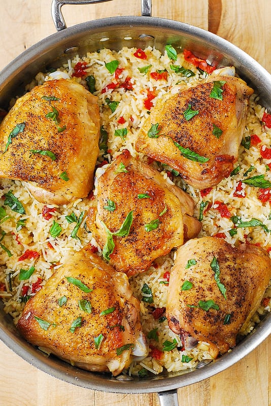chicken and rice recipes, best chicken rice, chicken rice with sun-dried tomatoes, basil, and Parmesan cheese, Mediterranean rice