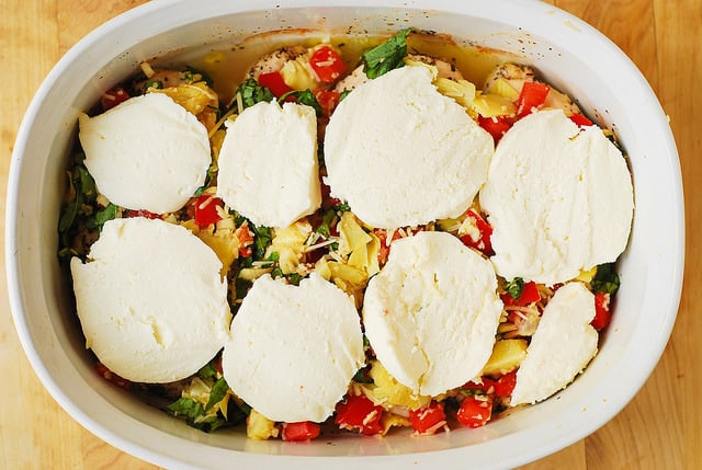 Mediterranean food, Mediterranean recipes, chicken and vegetables topped with Mozzarella cheese