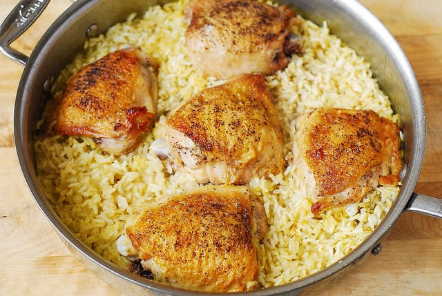 cooked rice with chicken thighs on top, best chicken rice, Italian chicken rice, Mediterranean chicken rice