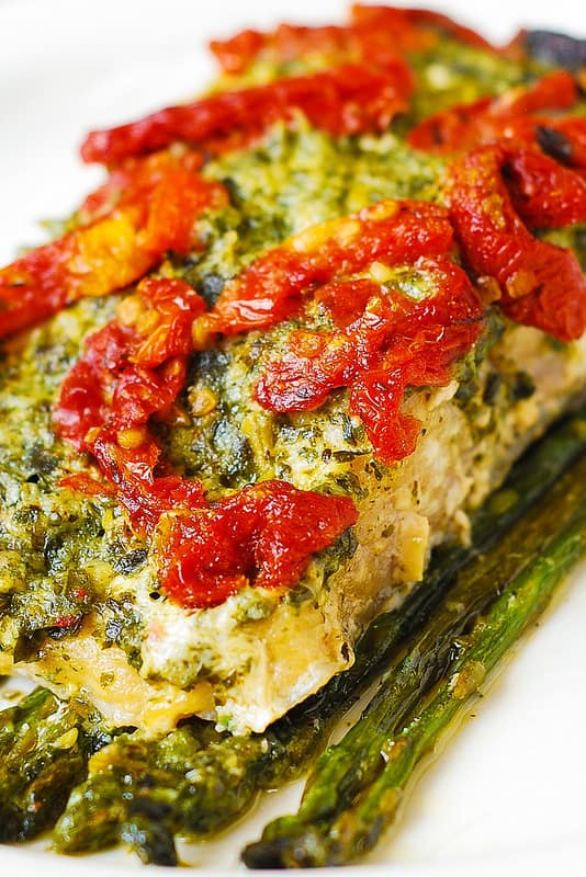 Basil Pesto Sea Bass and Veggies (Asparagus and Sun-Dried Tomatoes) baked in foil 