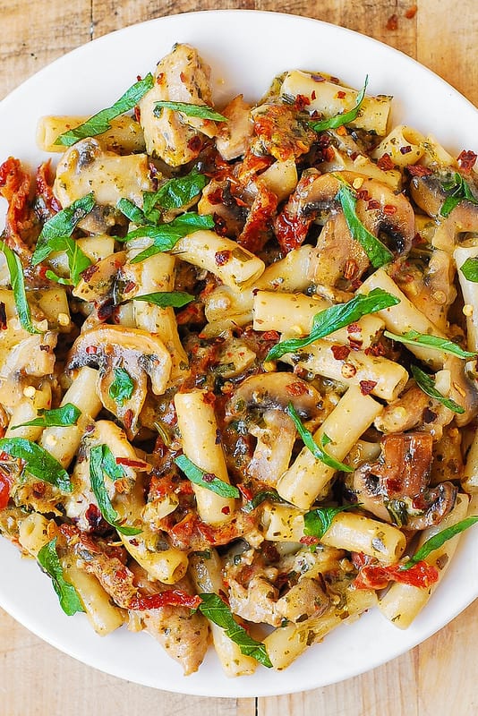 pesto chicken, chicken pasta, chicken recipes, basil chicken, mushroom recipes, pasta dinner