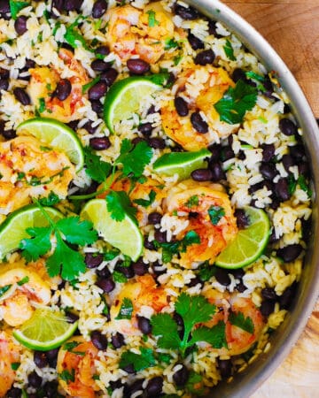 Cilantro-Lime and Black Bean Shrimp and Rice - in a stainless steel pan.