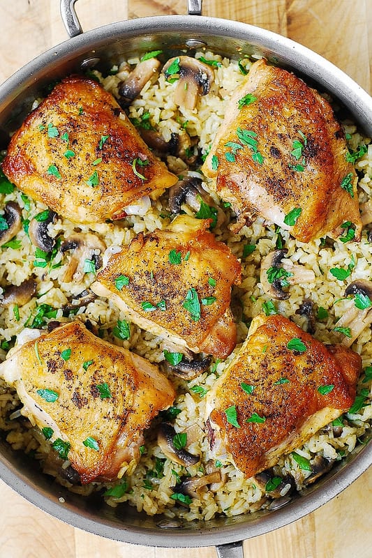 chicken rice, chicken dinner, easy chicken recipes, how to cook chicken thighs
