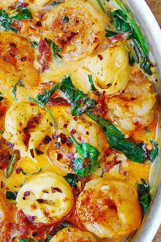 shrimp and tortellini with spinach and sun-dried tomatoes