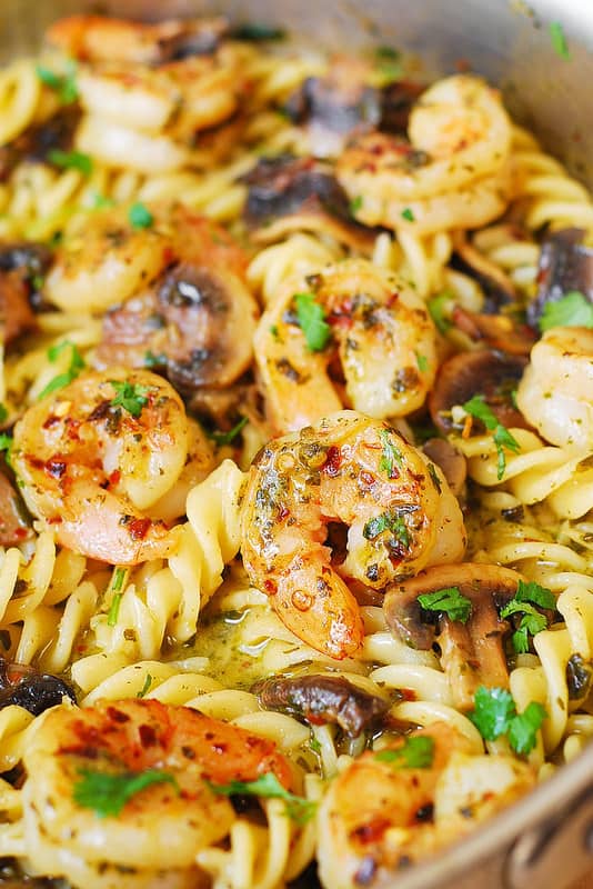 easy shrimp recipes, best shrimp recipes, simple shrimp recipes, basil pesto shrimp and mushrooms, easy dinners
