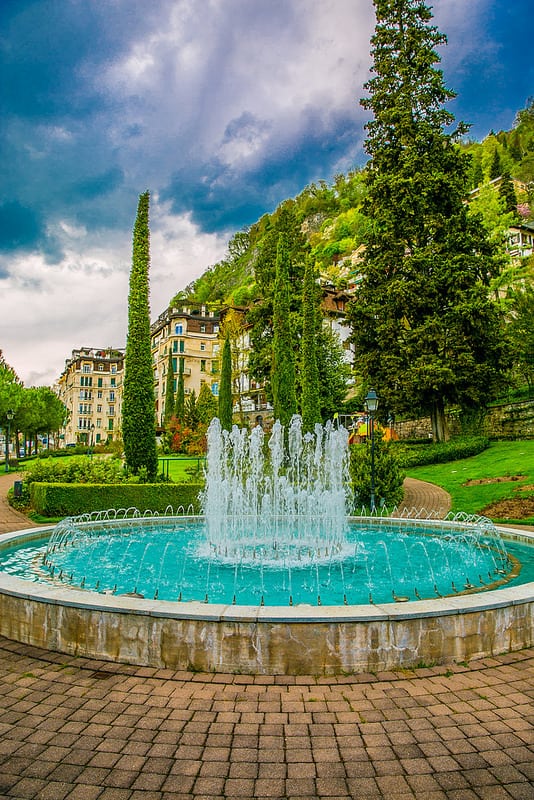 Fountain surrounded by luscious greenery in Montreux, Switzerland