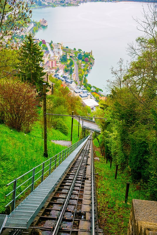 View of the rails and the town from the funicular in Montreux, Switzerland
