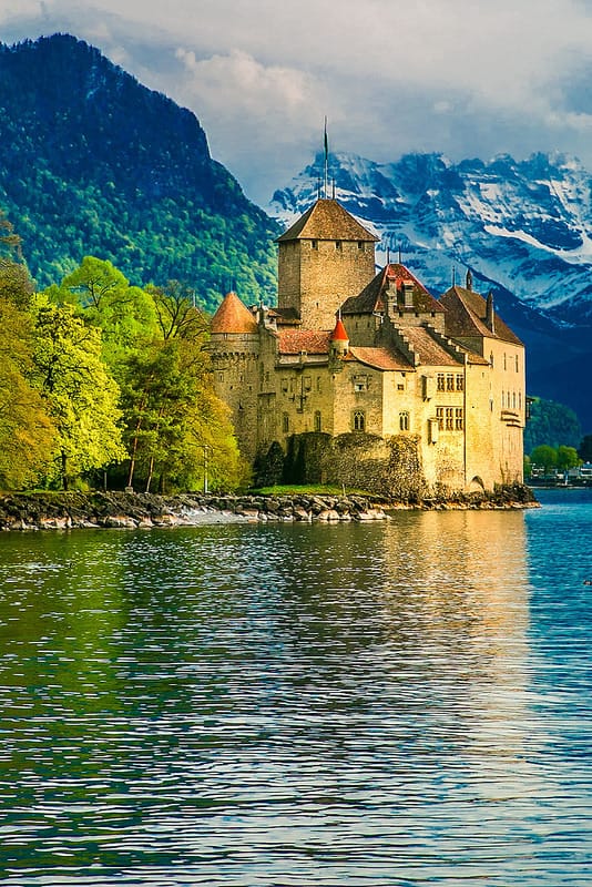 Chillon Castle (Château de Chillon) on Lake Geneva - at the foot of the Alps, between Montreux and Villeneuve, Switzerland