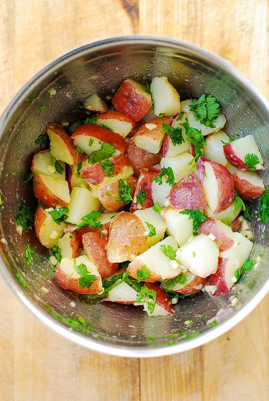 best potato salad, red potato salad, potato salad with olive oil, lime, cilantro, garlic