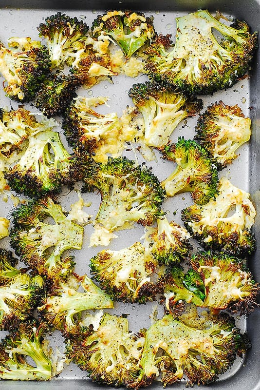 Asiago Roasted Broccoli - on a baking sheet.