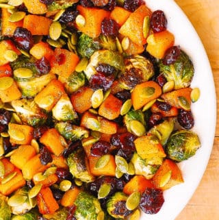 Maple Butternut Squash, Roasted Brussels Sprouts, Pumpkin Seeds, and Cranberries