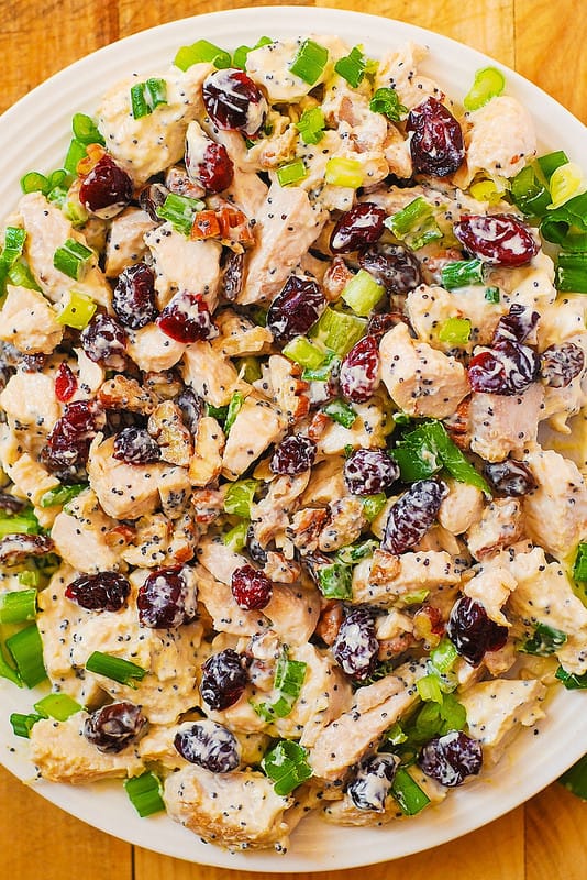 Cranberry Pecan Chicken Salad with Poppy Seed Dressing on a white plate