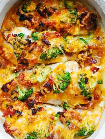 Broccoli Bacon Cheddar Baked Chicken Breasts - in a white casserole dish.
