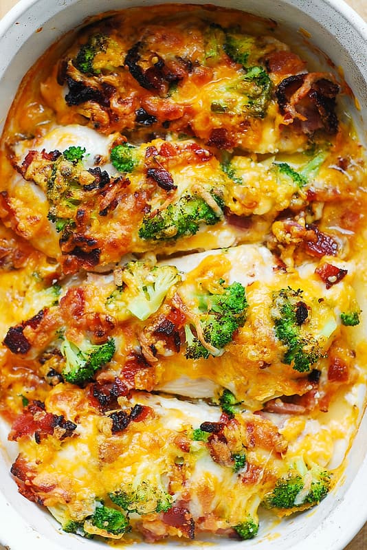 Broccoli Bacon Cheddar Baked Chicken Breasts - in a white casserole dish.