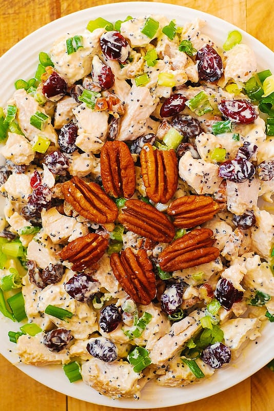 Cranberry Pecan Chicken Salad with Poppy Seed Dressing on a white plate