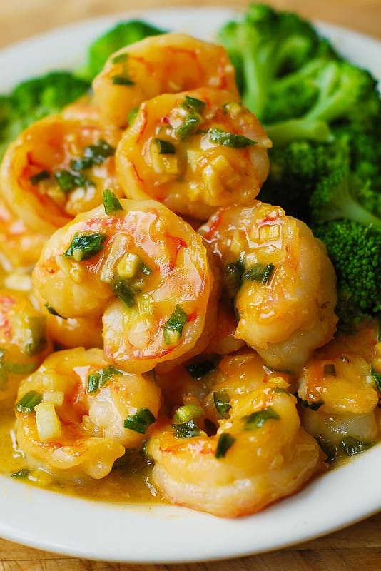 Honey Mustard Garlic Shrimp (with broccoli) on a plate.