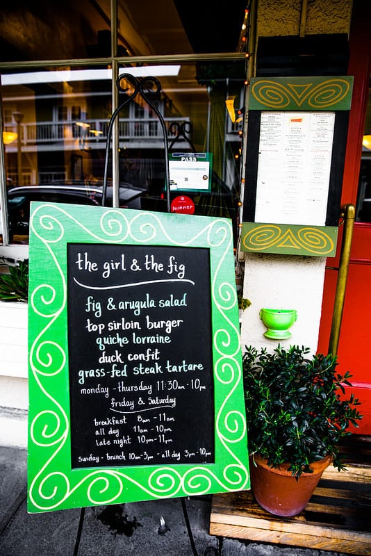 the menu outside of the building of The Girl and The Fig Restaurant in downtown Sonoma, California.