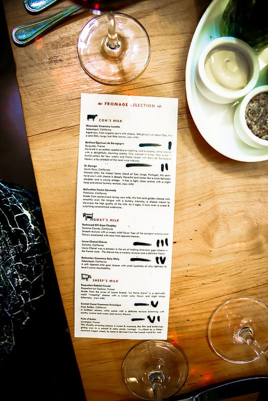 Fromage selection card - at the The Girl and The Fig Restaurant in Sonoma, California.