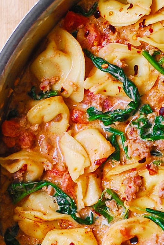 best tortellini recipes, easy tortellini recipes, italian sausage tortellini, pasta with sausage, tomatoes, and spinach