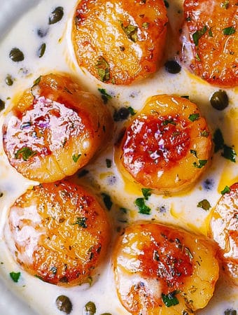 Seared scallops with capers and creamy lemon sauce on a white plate
