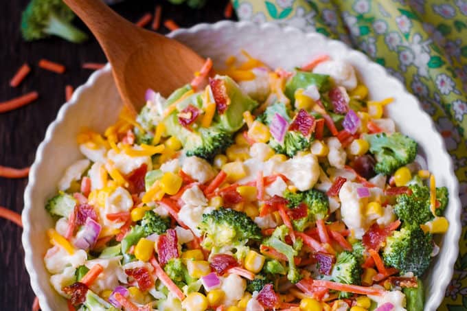 Creamy Broccoli, Cauliflower, Corn, Bacon Salad