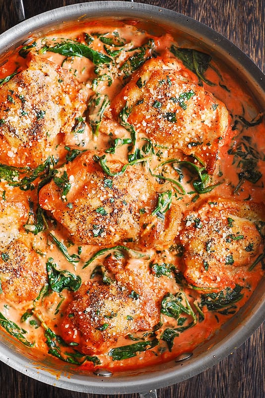 Skillet Chicken Thighs with Creamy Tomato Basil Spinach Sauce