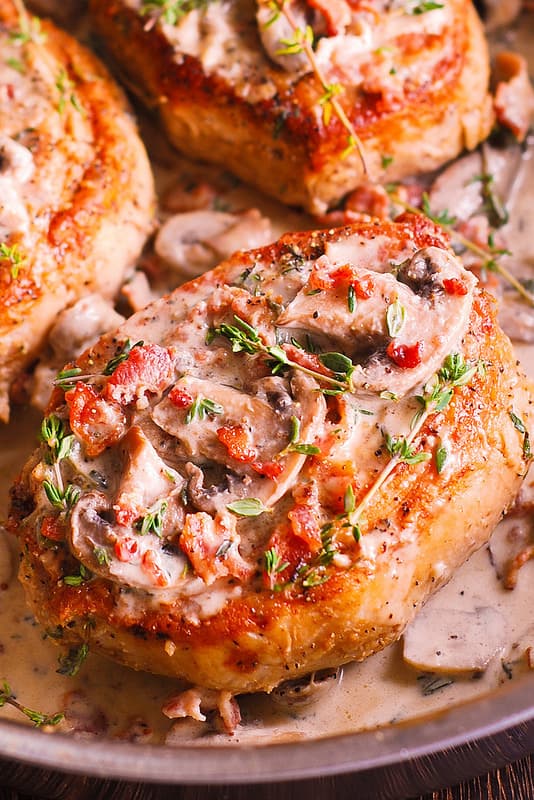 easy smothered pork chops, mushrooms and bacon