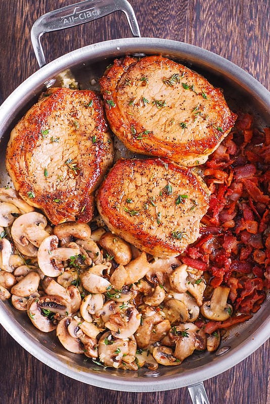 smothered pork chops with bacon and mushrooms, gluten free pork chops