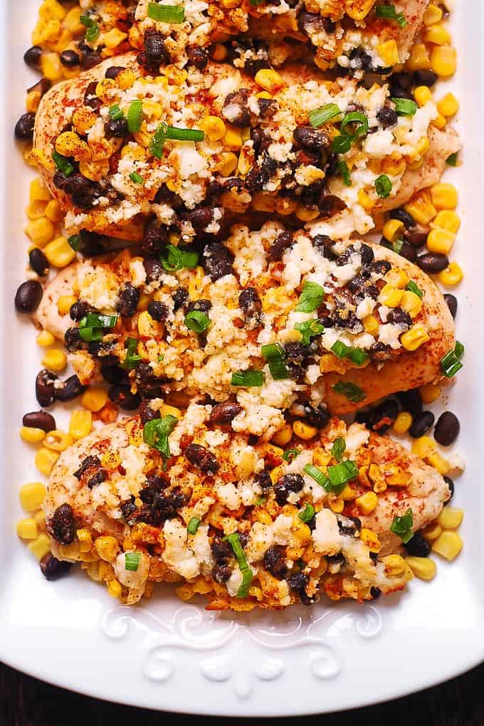 close-up of Mexican Street Corn Black Bean Chicken Bake on a white plate
