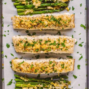 Baked halibut and asparagus