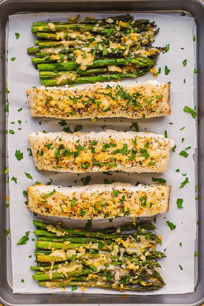 baked halibut and asparagus