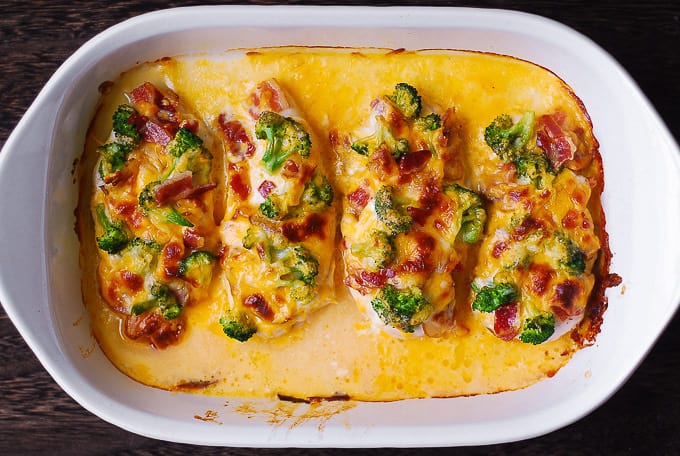 bake broccoli and bacon ranch chicken in the oven in the casserole dish